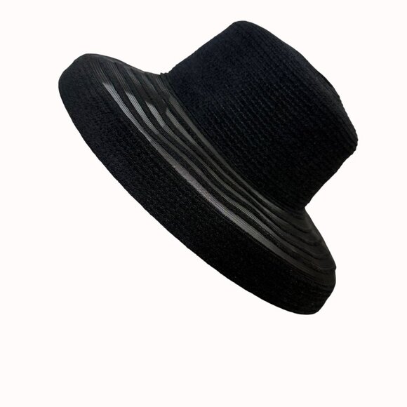 Black Wide Brim Sun Hat Sheer Stripe Beach Elegant Summer Floppy Resort Chic - Picture 5 of 16